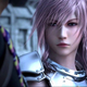 FFXIII-2's Lightning looks at a companion while wearing shiny armor.